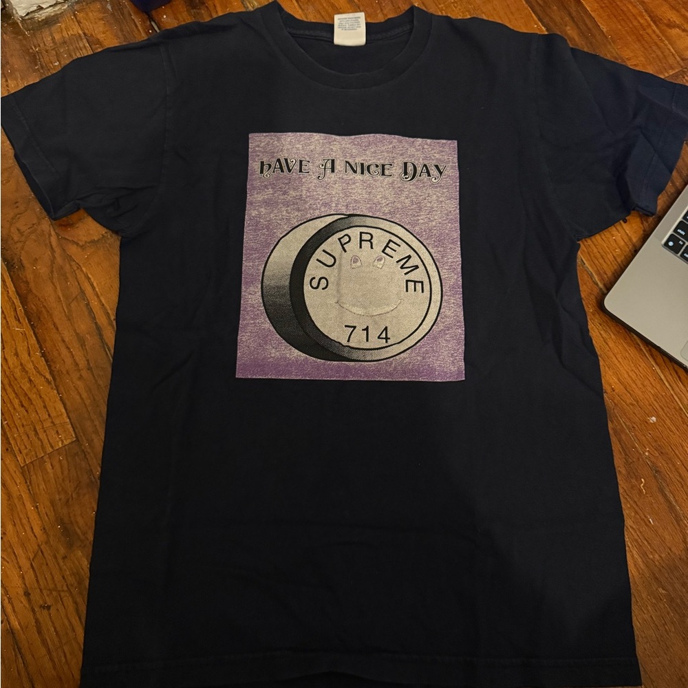 Supreme Navy Graphic 'Have A Nice Day' Tee with Purple Panel
